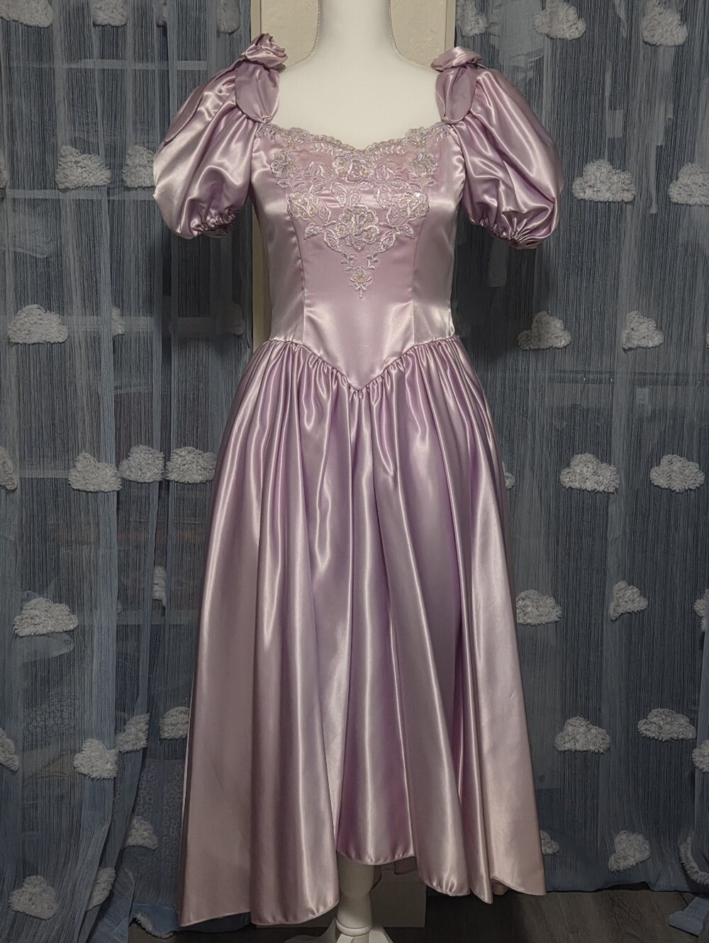 Vintage 1980s Lilac Purple Puff Sleeve Satin Formal/Bridesmaid Dress